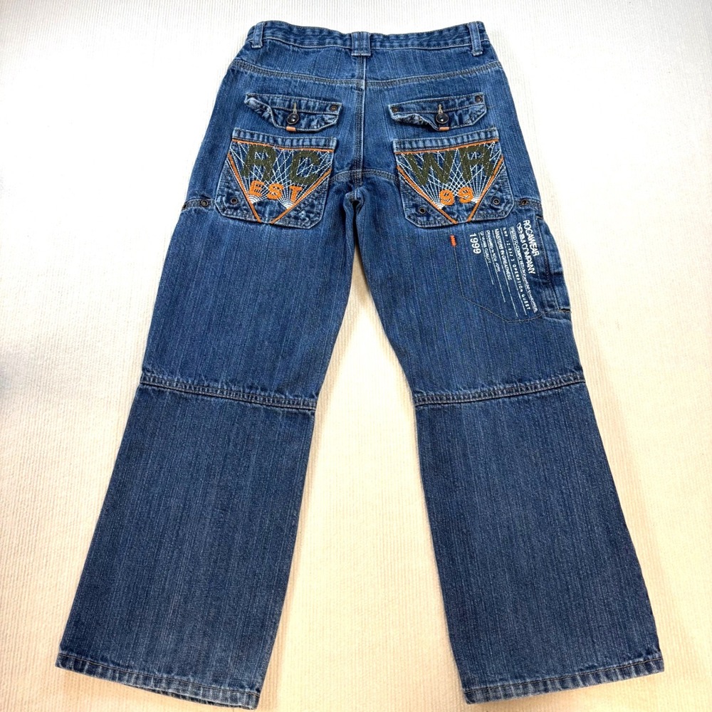Rocawear Boys 10 Embroidered Denim Carpenter Jeans Wide Leg Baggy Y2K Streetwear